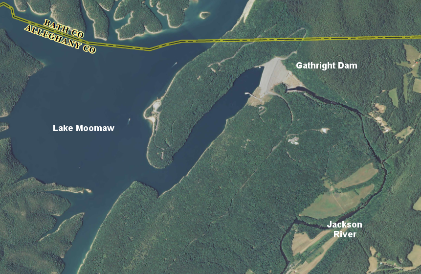 Gathright Dam blocks Jackson River, forming Lake Moomaw in Alleghany and Bath counties