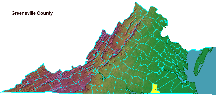 Greensville County, highlighted in map of Virginia