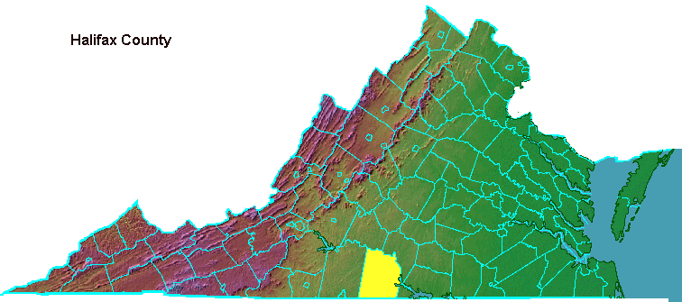 Halifax County, highlighted in map of Virginia
