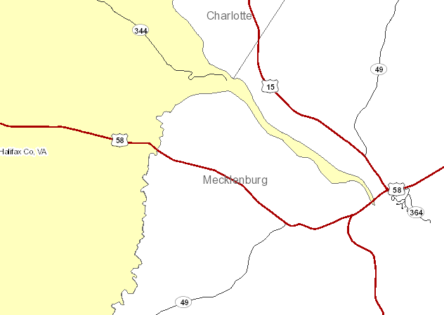 Halifax County's boundaries include an extension on the eastern side, following the Roanoke River