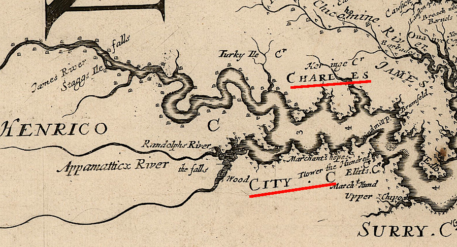 in 1670, Augustine Herrman mapped Charles City County on both sides of the James River
