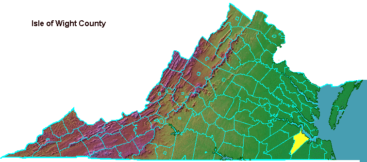Isle of Wight County, highlighted in map of Virginia