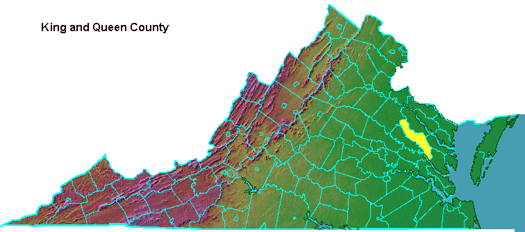 King and Queen County, highlighted in map of Virginia