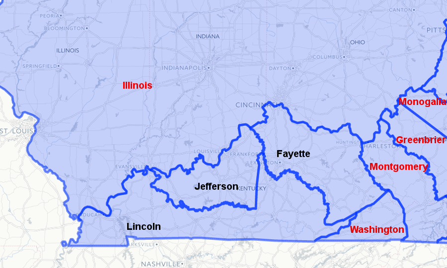 Kentucky County, created in 1776, was replaced in 1780 by Fayette, Jefferson, and Lincoln counties
