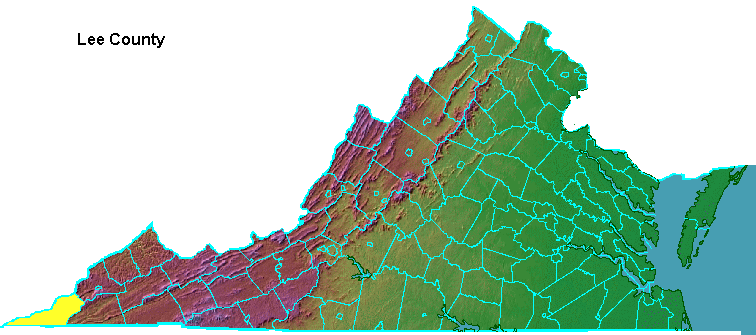 Lee County, highlighted in map of Virginia