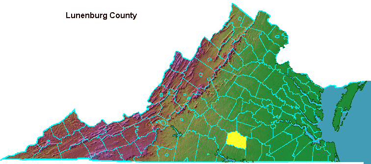 Lunenburg County, highlighted in map of Virginia