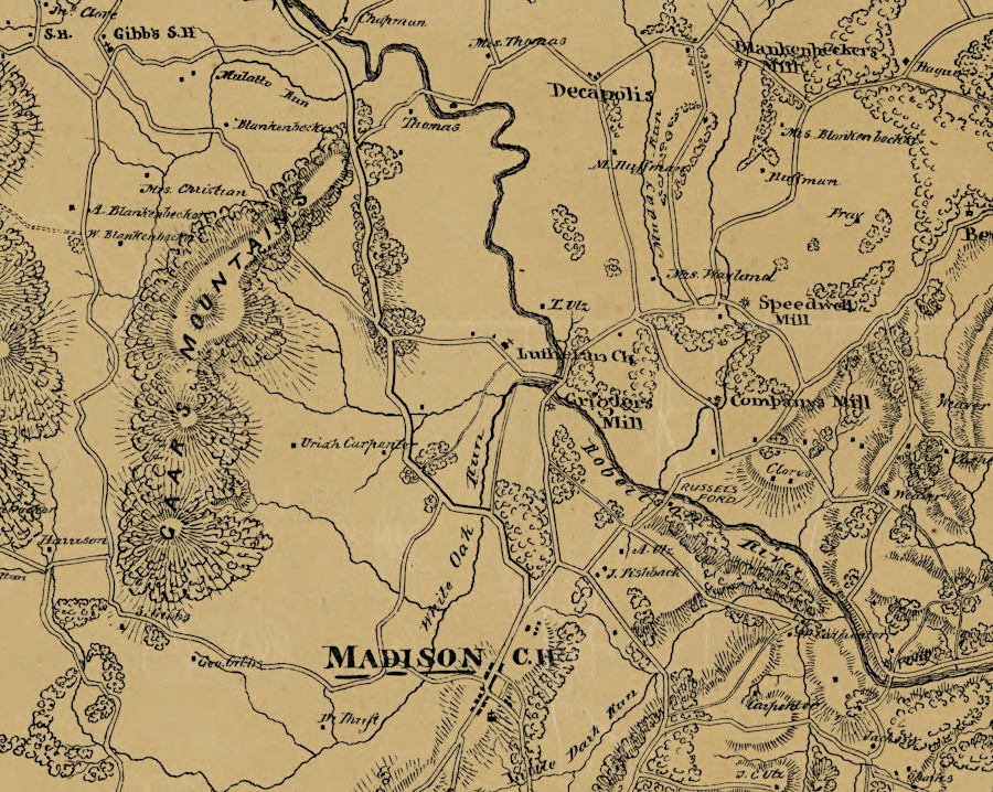 Madison Court House is located in the center of the county, between the Rapidan and Rappahannock rivers