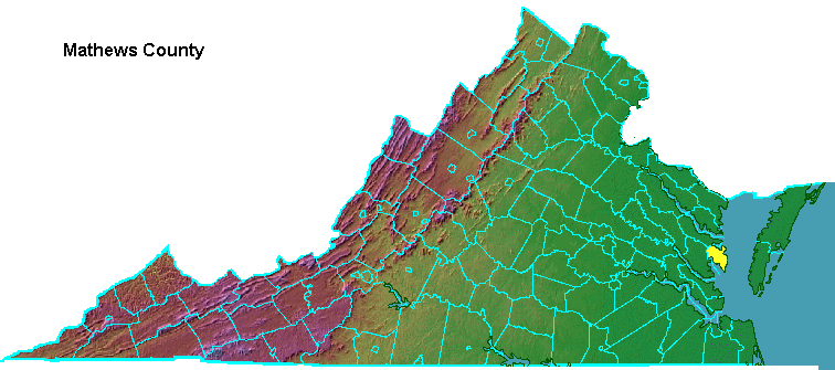 Mathews County, highlighted in map of Virginia