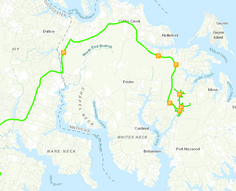 Hampton Roads Sanitation District sewer lines (green) and pump stations (orange squares) move Mathews County wastewater to treatment plants south of the James River
