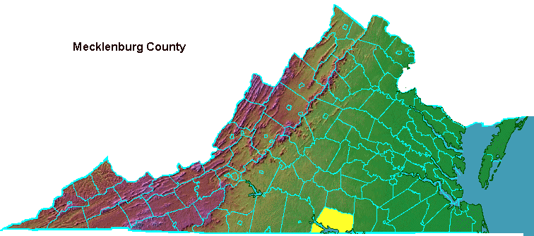 Mecklenburg County, highlighted in map of Virginia
