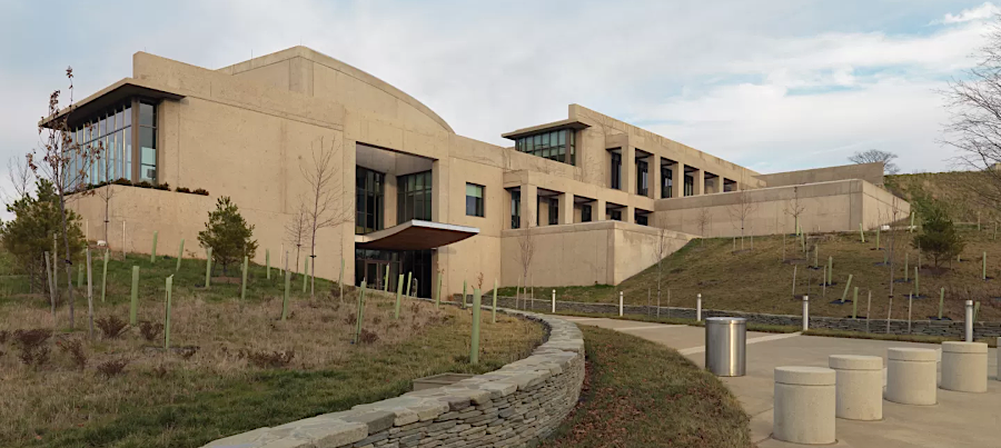 most of the Packard Center is underneath a green roof, except for the main entryway and west front of the Conservation Building