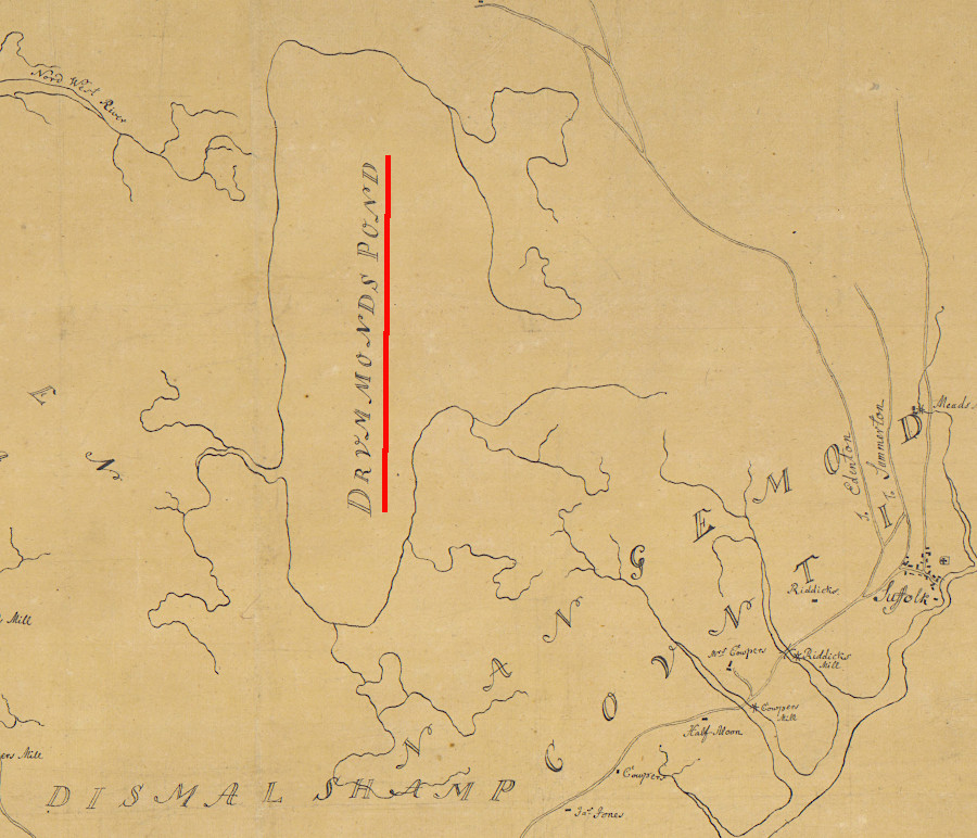 during the Revolutionary War, the British mapped Lake Drummond in Nansemond County as Drummonds Pond