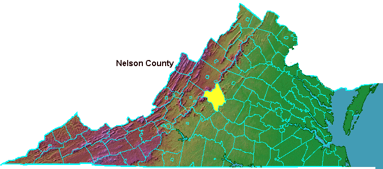 Nelson County, highlighted in map of Virginia