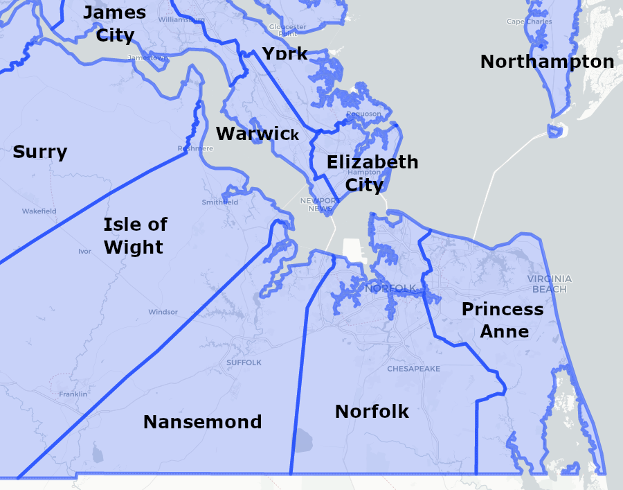 Lower Norfolk County was divided in 1691 into Norfolk County and Princess Anne County