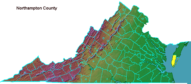 Northampton County, highlighted in map of Virginia