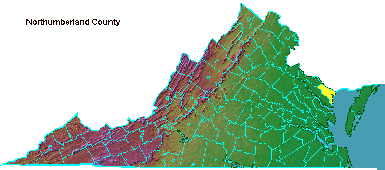 Northumberland County, highlighted in map of Virginia