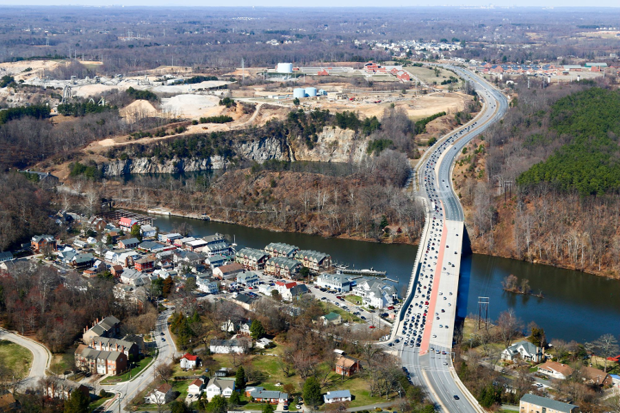 Town of Occoquan in Prince William County, and old Vulcan quarry in Fairfax County (Route 123 on right)