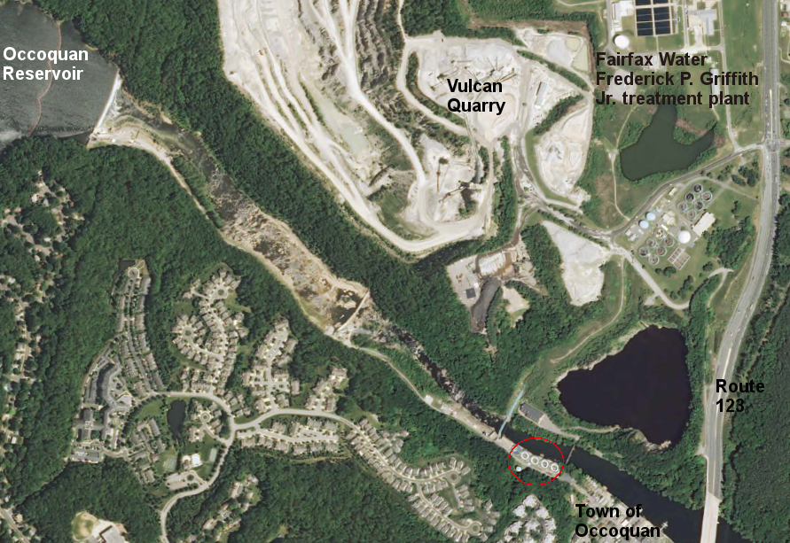 Fairfax Water has replaced its old water treatment facilities on the south bank of the Occoquan River (red circle), converting the site into a public park in 2016