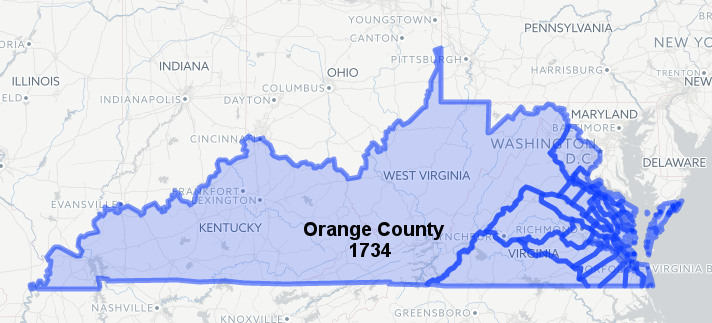 in 1734, Kentucky and the rest of Virginia's western land claims were included within the boundaries of Orange County