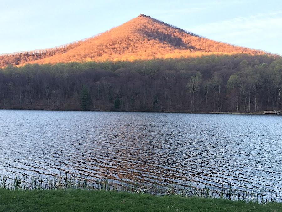 Sharp Top at dawn, viewed from the lodge across Abbott Lake