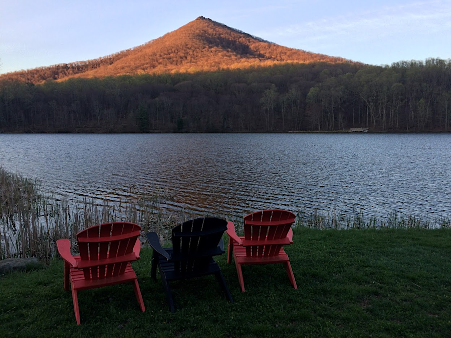 Sharp Top at dawn, viewed from the lodge across Abbott Lake