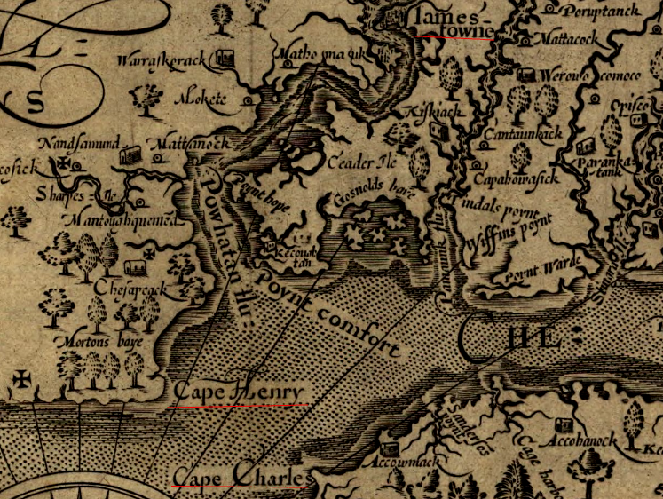 starting in 1607, colonists chose replacements for Native American names that honored major figures back in England, beginning with King James and his two sons Prince Henry and Prince Charles