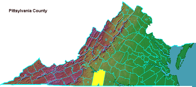 Pittsylvania County, highlighted in map of Virginia
