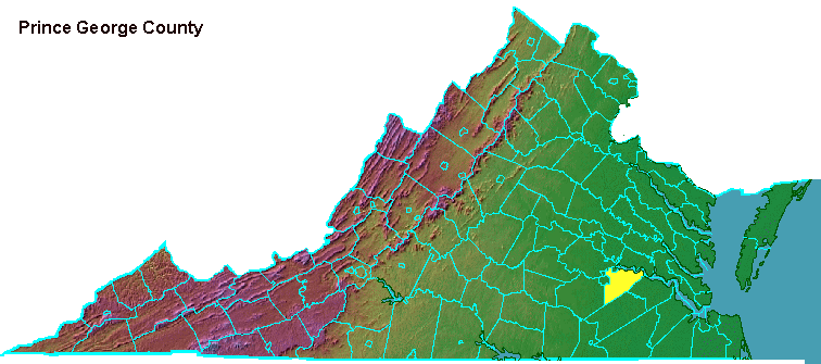 Prince George County, highlighted in map of Virginia