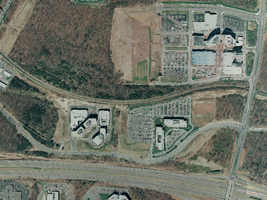 Reston Town Center in 1960, 1980, 1990, 2002, and 2023