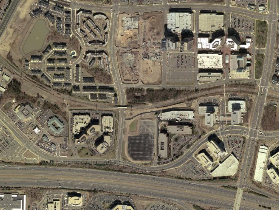 Reston Town Center in 1960, 1980, 1990, 2002, and 2023
