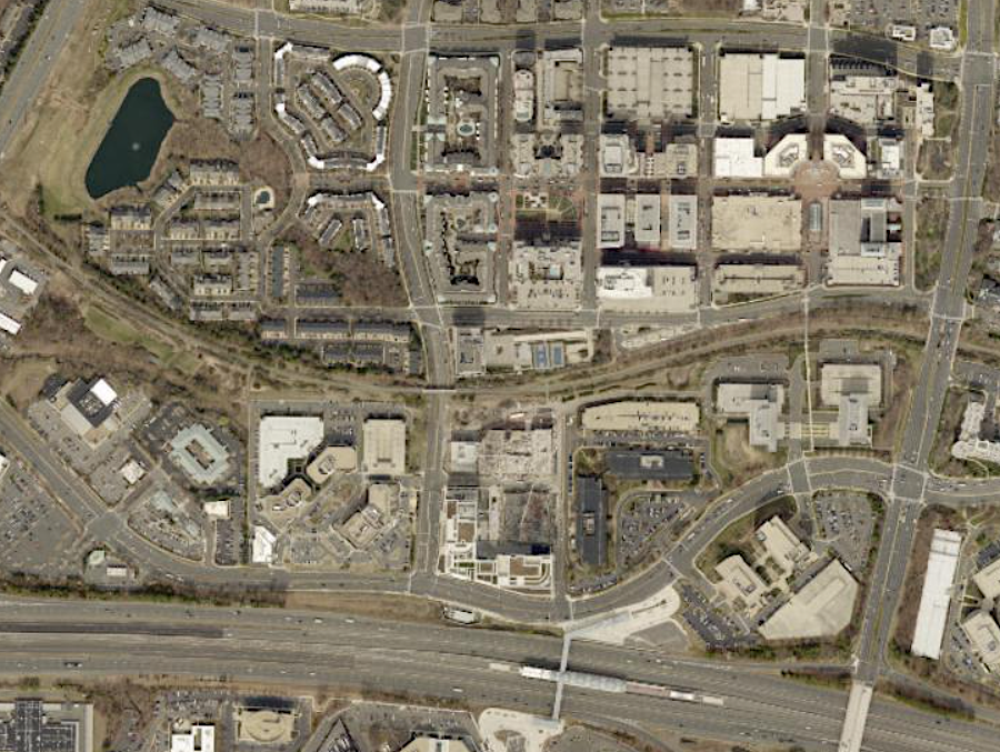 Reston Town Center in 1960, 1980, 1990, 2002, and 2023