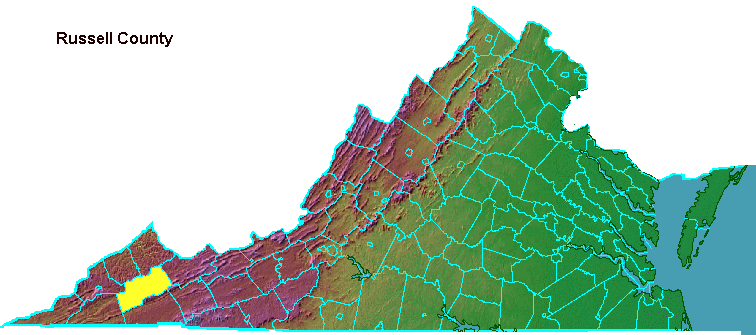 Russell County, highlighted in map of Virginia
