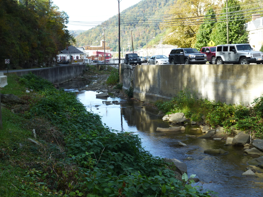 Slate Creek flows past the Appalachian School of Law and into the Levisa River at Grundy