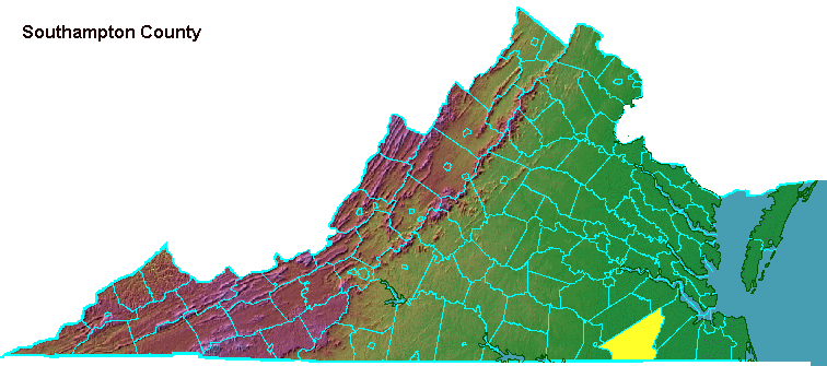 Southampton County, highlighted in map of Virginia