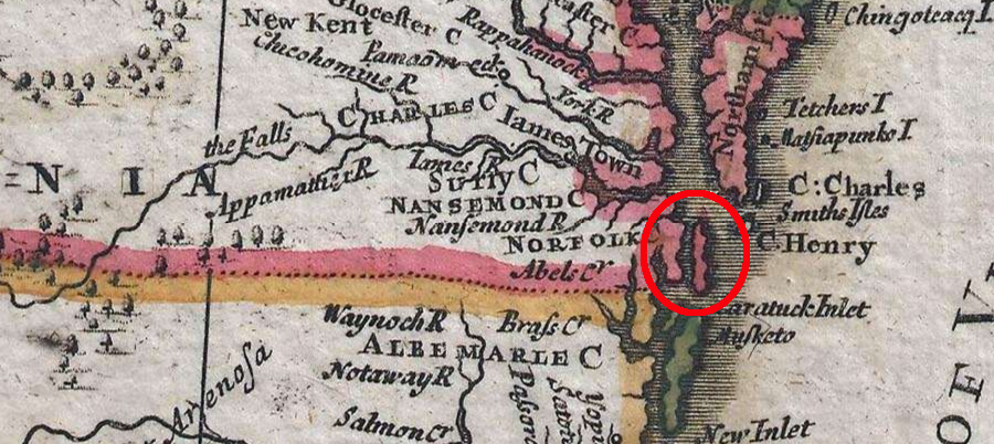 streams and wetlands in Princess Anne County caused mapmakers in the 1600's to show some of the oceanfront isolated from the mainland