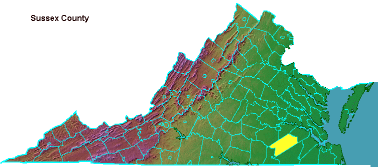 Sussex County, highlighted in map of Virginia
