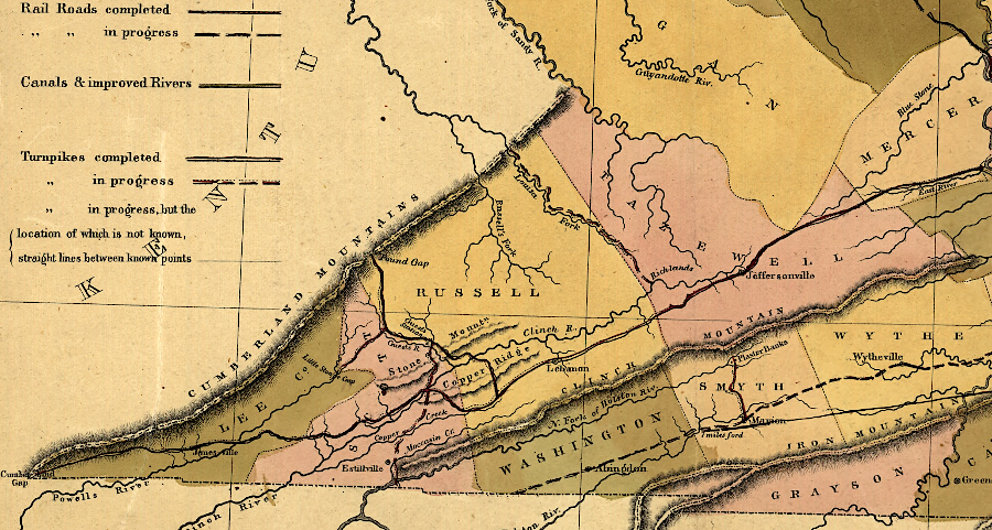 in 1848, before railroads were built, southwestern Virginia had few residents and fewer counties than today