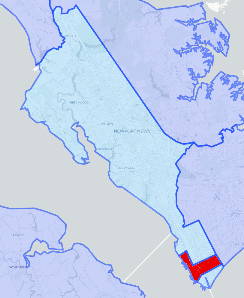 the original boundaries of the independent city of Newport News (red) left a fragment of Warwick County south of the city