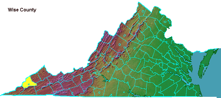 Wise County, highlighted in map of Virginia