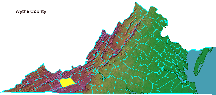 Wythe County, highlighted in map of Virginia