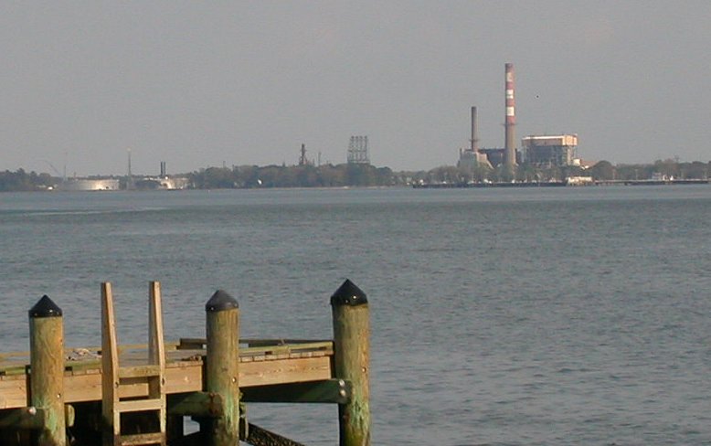 power plant at Yorktown, with one oil-fired unit and two coal-fired units, viewed from Gloucester across the York River