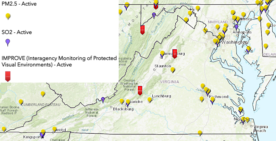in 2022 air quality monitors were located across Virginia, with two for haze near the Mandatory Class 1 Federal Areas