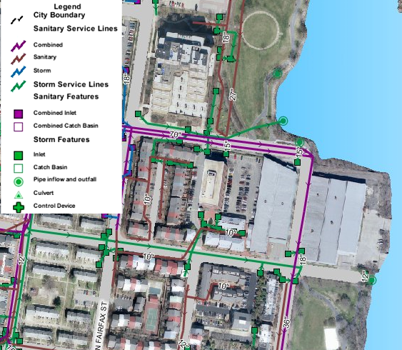 combined pipes (in purple) near CSO-001 outfall at Pendleton Street