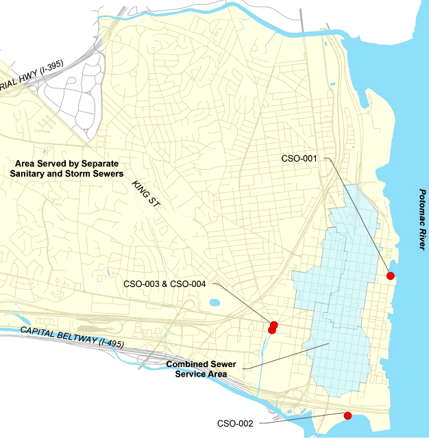 during storms, four outfalls in Alexandria spill combined sanitary waste/stormwater that comes from 540 acres in the city (colored blue, above)