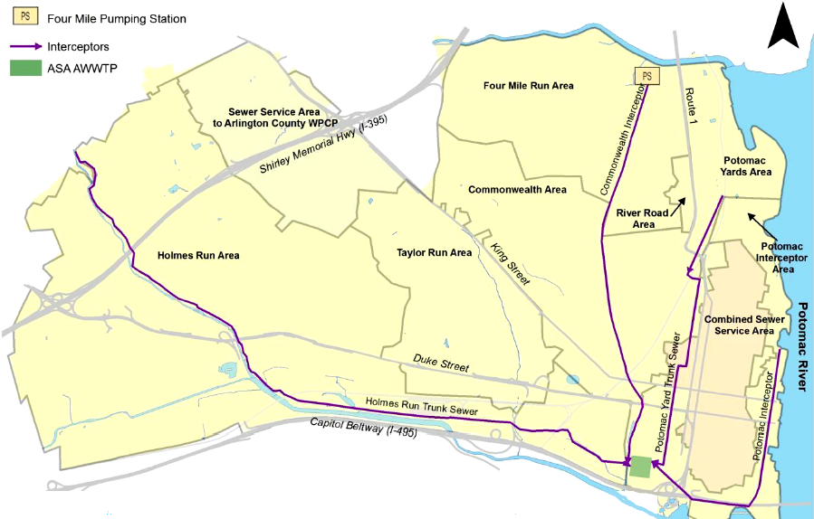 Alexandria sends sewage to both Arlington and the Alexandria Renew Enterprises plant on Cameron Run for treatment