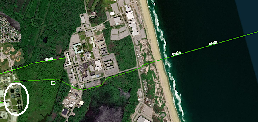 the pipeline carrying wastewater from the Atlantic Treatment Plant (white circle) carries nutrients into the Atlantic Ocean