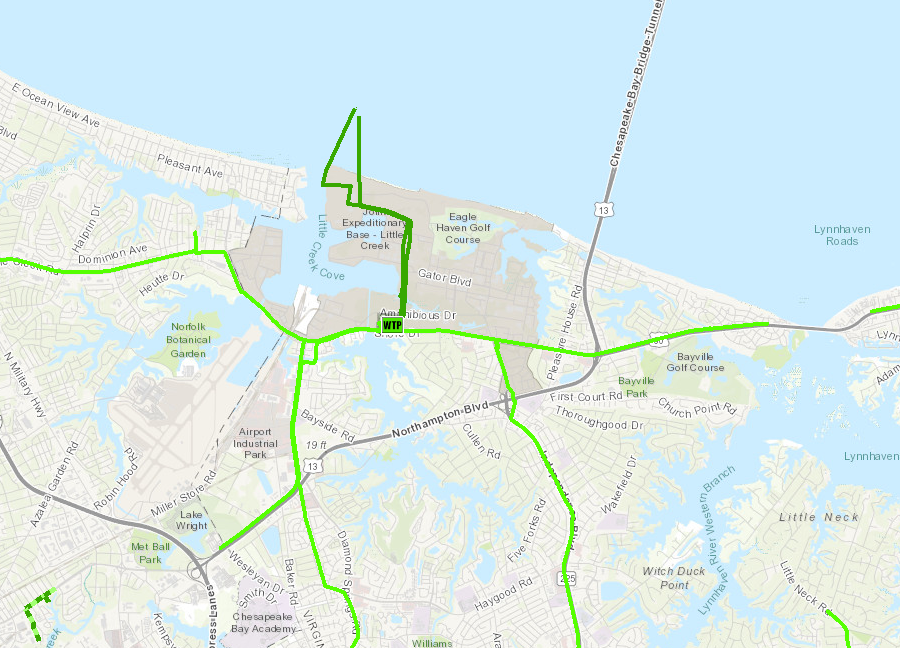 the pipeline carrying wastewater from the Chesapeake-Elizabeth Treatment Plant (dark green) in Virginia Beach carries nutrients into the Chesapeake Bay