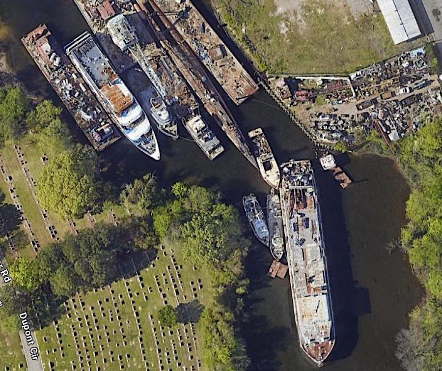 Colonna's Shipyard stockpiles boats to be recycled next to Riverside Memorial Cemetery in Portsmouth