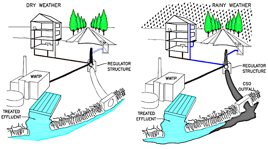 in Combined Sewer Overflow (CSO) systems, rainwater gets mixed with untreated sewage and dumped into nearby waterways