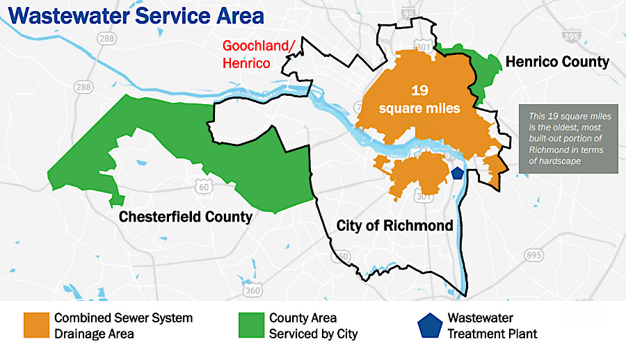 Richmond's 140 million gallons/day (MGD)  wastewater treatment plant is large enough to treat normal wastewater flow from Henrico and Chesterfield counties, but peak stormwater runoff can exceed capacity